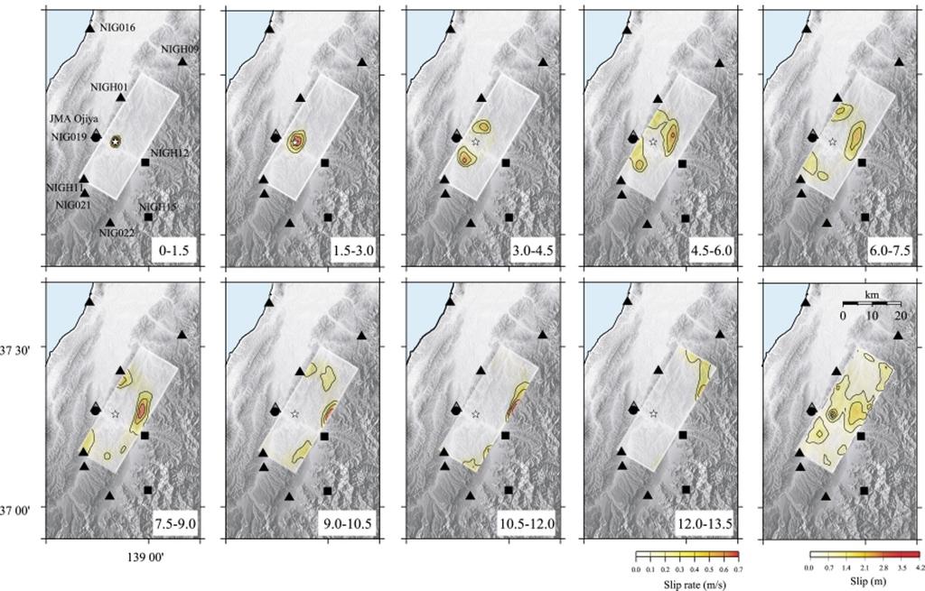 R. HONDA et al.: RUPTURE PROCESS OF THE 24 MID NIIGATA PREFECTURE EARTHQUAKE 531 Fig. 7. Snapshots of the rupture progression at time step of 1.5 seconds. The contour interval of the slip velocity is.