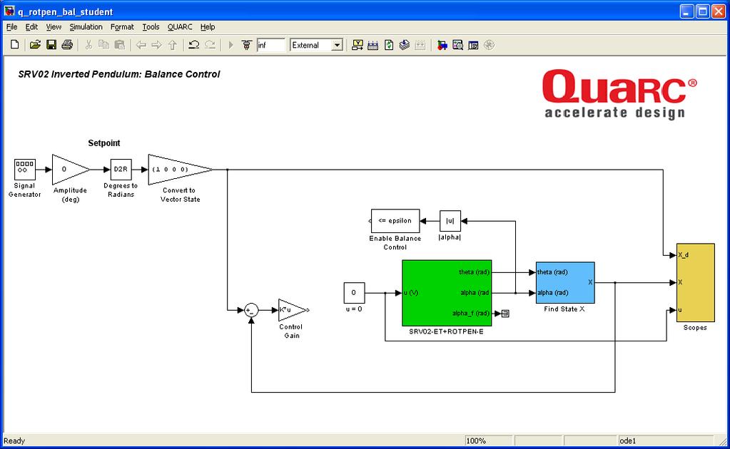 Figure 3.5: q_rotpen_bal_student Simulink diagram can be used to run balance controller 10. Measure the pendulum deflection and voltage used.