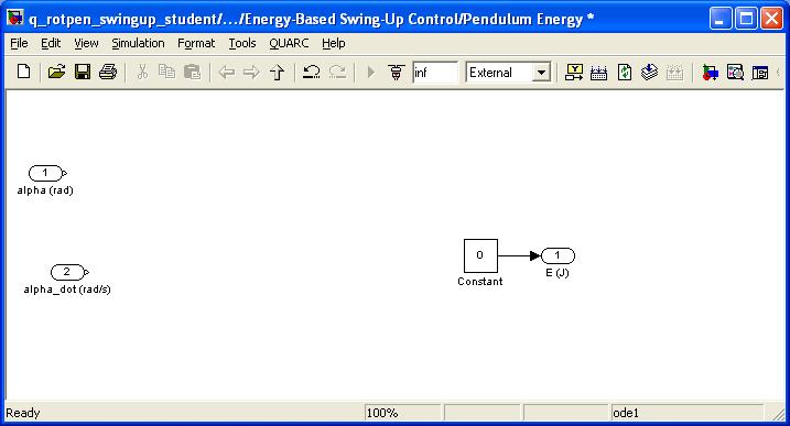 7. Go into Energy-Based Swing-Up Control Pendulum Energy block. The incomplete diagram is shown in Figure 4.3. Modify the Pendulum Energy diagram to measure the total energy of the pendulum.