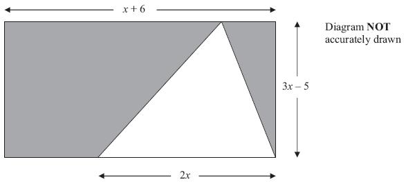 6.3 The diagram shows a triangle inside a rectangle. All measurements are given in centimetres.