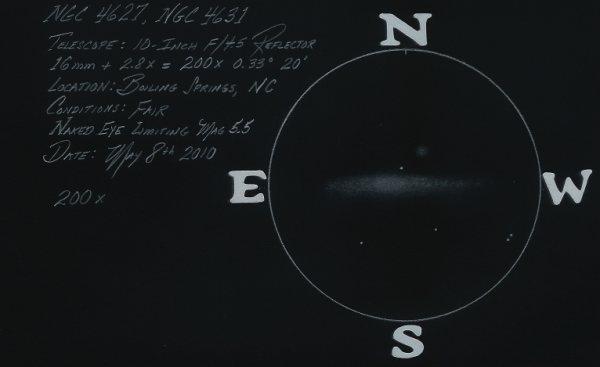 NGC-4627 appeared very small, mostly round, with low surface brightness. Averted vision was most often required.