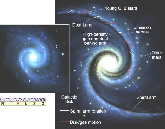 Also, squeezing of clouds initiates collapse within them => star formation. Bright young massive stars live and die in spiral arms. Emission nebulae mostly in spiral arms.