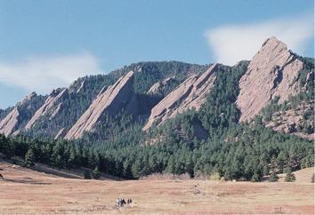 The Flatirons, near Boulder, Colorado. Steeply dipping red arkosic sandstones, conglomerates, and mudstones of Upper Pennsylvanian and Lower Permian Fountain Formation.