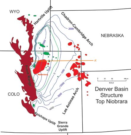 Biogenic gas accumulations occur in the Niobrara along the shallow east flank of the basin. Figure 2. Type log for the Niobrara Formation, Wattenberg Field (Gill # 2, Sec. 22, T6N, R64W).