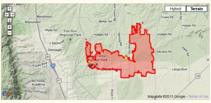 Colorado Fires Black Forest fire in El Paso county, ignited June 11. 95% contained. Record 14,280 acres burned, cost estimated at $9.3 million so far.