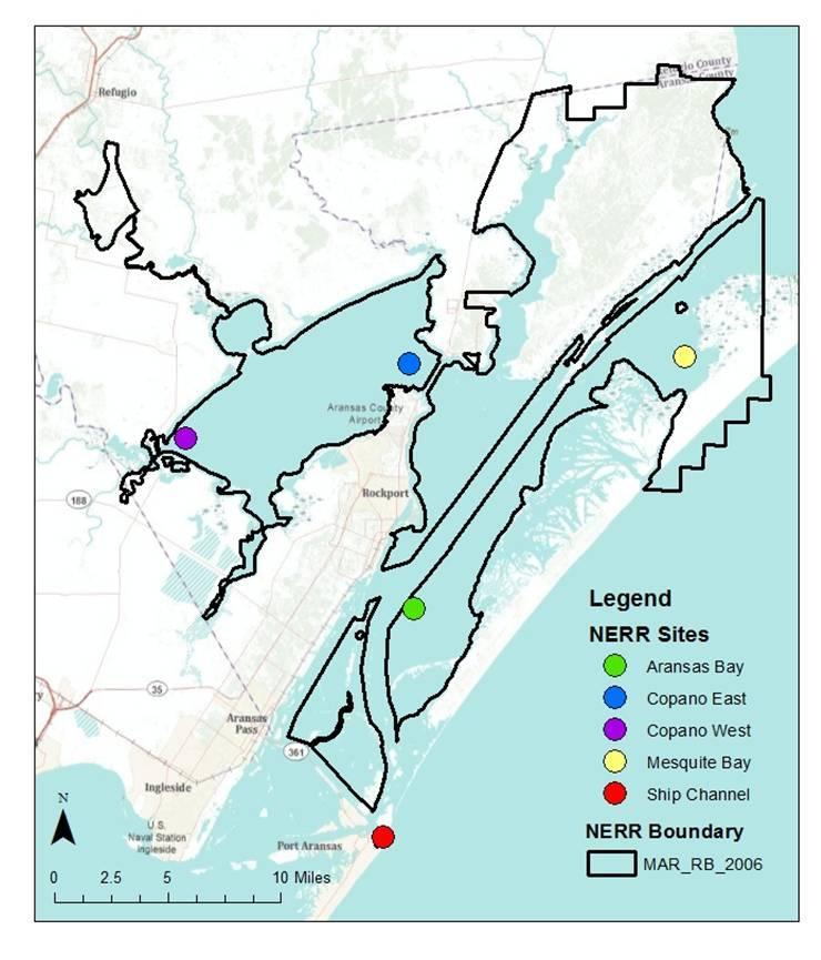 Figure 1: SWMP stations and Reserve Boundaries of the Mission-Aransas NERR DATA SOURCES High resolution temporal data collected by the SWMP program in the Mission-Aransas NERR and the GIS format