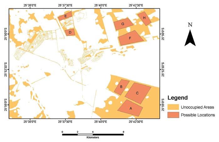 Fig. 5: Map showing an extracted layer of unoccupied sites. Fig. 6: Possible locations of new settlement on unoccupied areas. Fig. 7: Proximity of a new settlement location to regional roads.