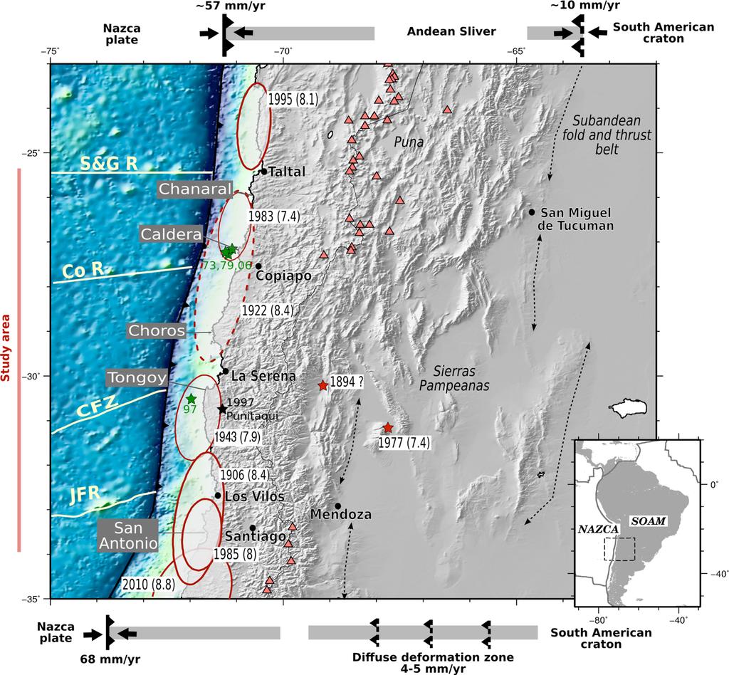 2 M. Me tois et al. Figure 1. Seismotectonic background of the North-Central Chile area and main geological features. Topography and bathymetry are from ETOPO1.