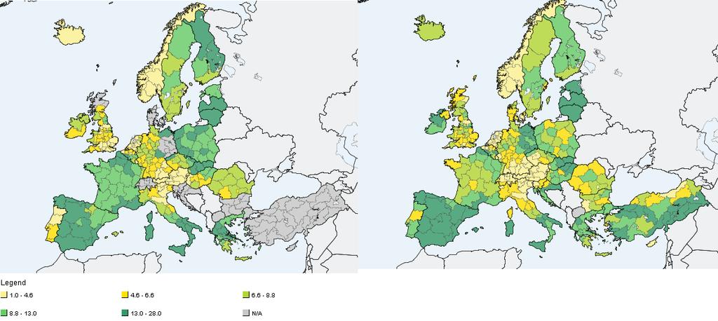 Fig. 4.1. Unemployment rates EU NUTS 2-regions 1999 (left) and 2009 (right). Source: Eurostat.