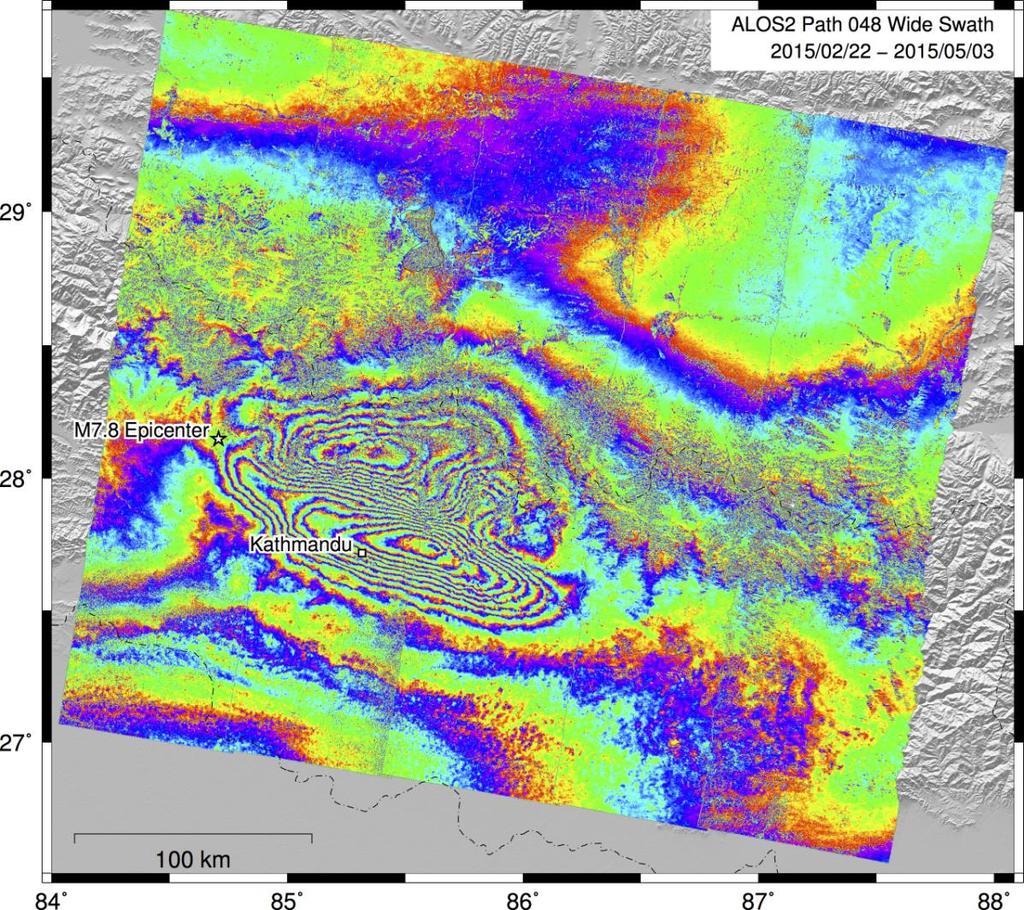 Figure 1. Example of a coseismic ScanSAR-to-ScanSAR interferogram from ALOS-2 descending Path 48, spanning dates February 22, 2015 to May 3, 2015 and covering the Mw 7.8 Gorkha, Nepal earthquake.