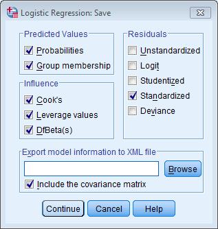 Figure 3: Dialog box for obtaining residuals for logistic regression Further options Finally, click on in the main Logistic Regression dialog box to obtain the dialog box in Figure 4.