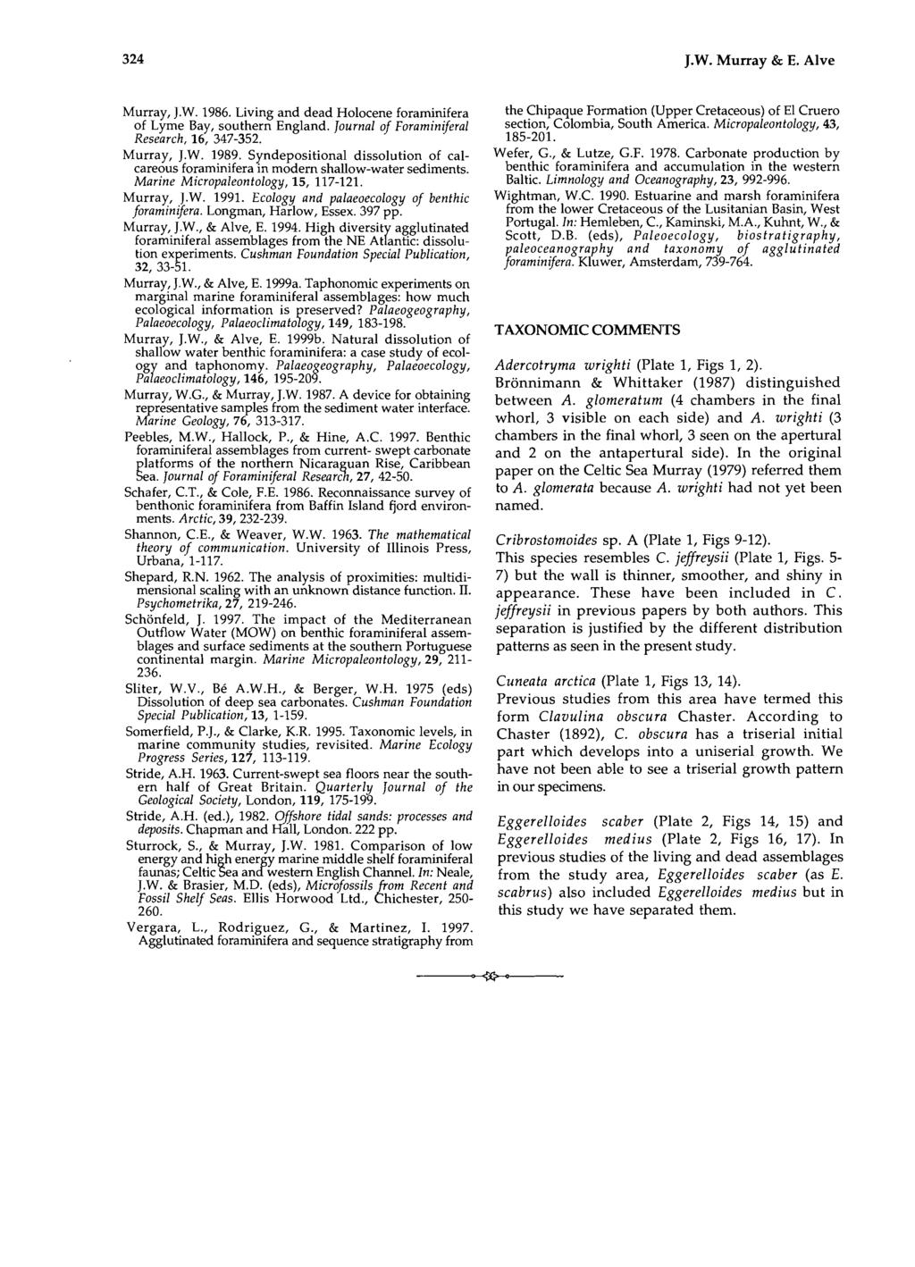 324 J.W. Murray & E. Alve Murray, J.W. 1986. Living and dead Holocene foraminifera of Lyme Bay, southern England. Journal of Foraminiferal Research, 16, 347-352. Murray, J.W. 1989.