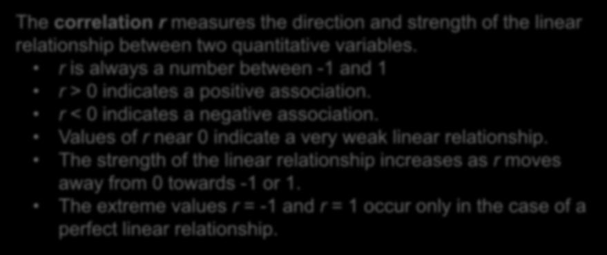 Measuring Linear Association: Correlation A scatterplot displays the strength, direction, and form of the relationship between two quantitative variables.