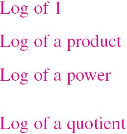 Bases Other than e Logarithmic functions to the base a have properties similar to those of the natural logarithmic function. 1. log a 1 = 0 2. log a xy = log a x + log a y 3.