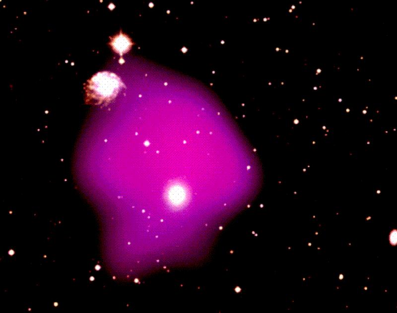 Dark matter X-rays from a hot gas in a galaxy cluster An An X-ray image (purple) that that shows hot hot gas gas superimposed on on a visible light light image.