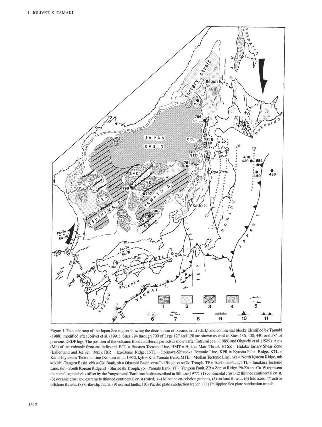L. JOLIVET, K. TAMAKI Figure 1. Tectonic map of the Japan Sea region showing the distribution of oceanic crust (dark) and continental blocks identified by Tamaki (1988), modified after Jolivet et al.