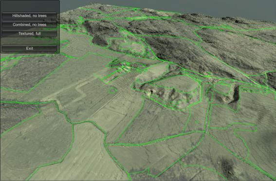 The 3D terrain model is designed using all available LIDAR data and textured with aerial photos. Hill shading and aerial photos have been combined to get a better view of the area.
