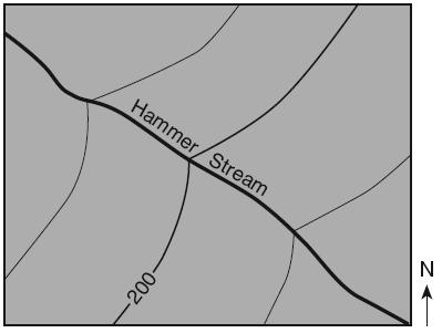 (4) Stream Y flows faster than stream X. 7. The topographic map below shows part of a stream. What is a possible elevation, in meters, of point X?