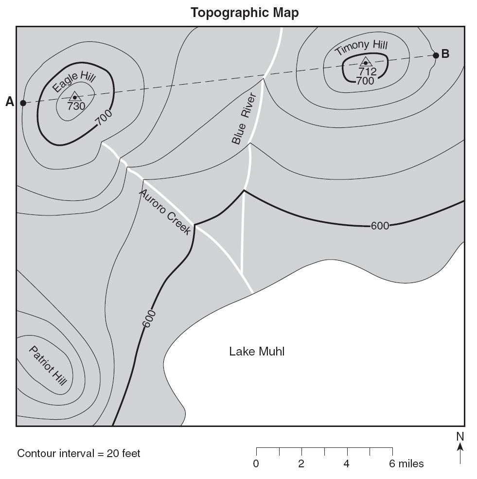 Base your answers to questions 13 through 15 on the topographic map below. Points A and B are reference points on the map. The symbols show the highest elevations on Eagle Hill and Timony Hill.