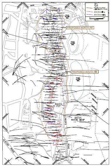 FIGURE 10-6 PLAN SHOWING BIG HILL PIT USED FOR RESOURCE REPORTING, DRILL COVERAGE AND DRILL ORIENTATIONS Noting recent 2012 RC infill drilling in red and 2013 in blue.