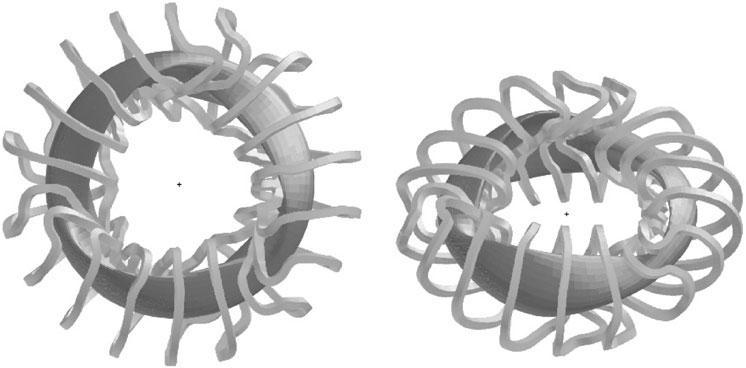 Fig. 29. Top and perspective views of a preliminary design of modular coils for the configuration shown in Fig. 26. small sizes without the drift orbit optimization.