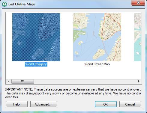 1. Select the Get Online Maps tool located in the Add GIS Data dropdown menu in the Get Data menu bar. The Get Online Maps dialog will appear. 2. Select World Imagery and click OK. 3.