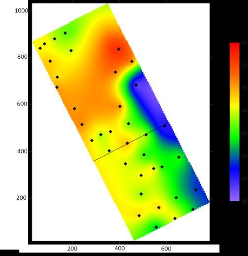 The GSR values shown here are averaged over a 6m interval, immediately above the lower coal seam. The section line for Figures 3 to 6 is shown by the thin line. Diamonds indicate borehole locations.
