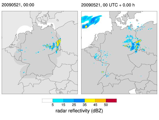 The Supercell Example (COSMO-DE-EPS) observed by radar forecast by COSMO-DE without ensemble F2 tornado near Plate