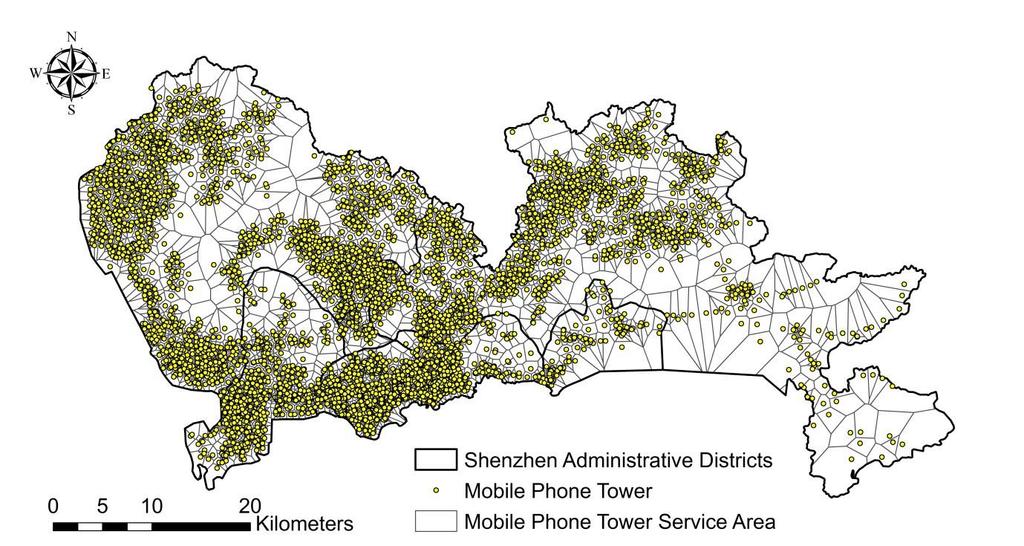 tower to which the mobile phone was assigned. Figure 1 shows the geographic distribution of all mobile phone towers included in this study.