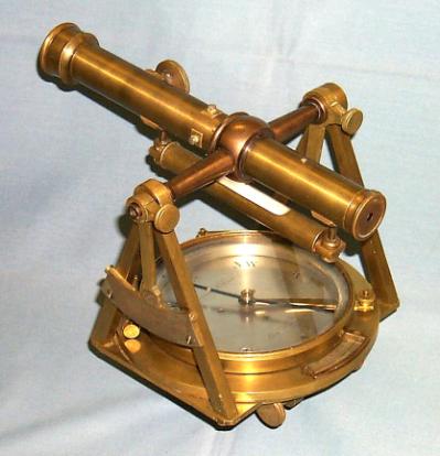 Berge, maker, London, c. 1818. This is the type of telescopic angle-measuring instrument used prior to being replaced by the transit. It is 9 1/2" high with a 10-inch erecting-image telescope.