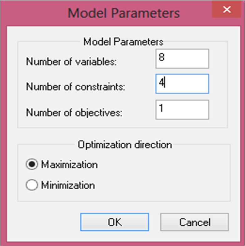 Slika 7. Unos osnovnih parametara modela u programu Linear Program Solver.