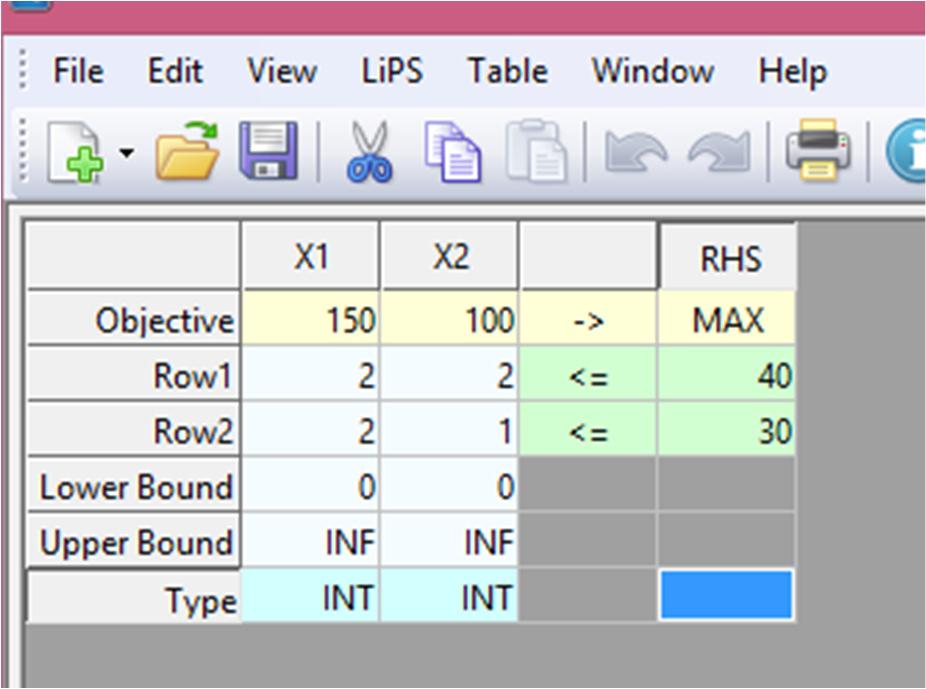 u redak Row:,, u redak Row:, Nakon unosa podataka dobije se tablica prikazana na Slici 0. Tablica se pohrani pod nazivom Primjer 5.lpx.