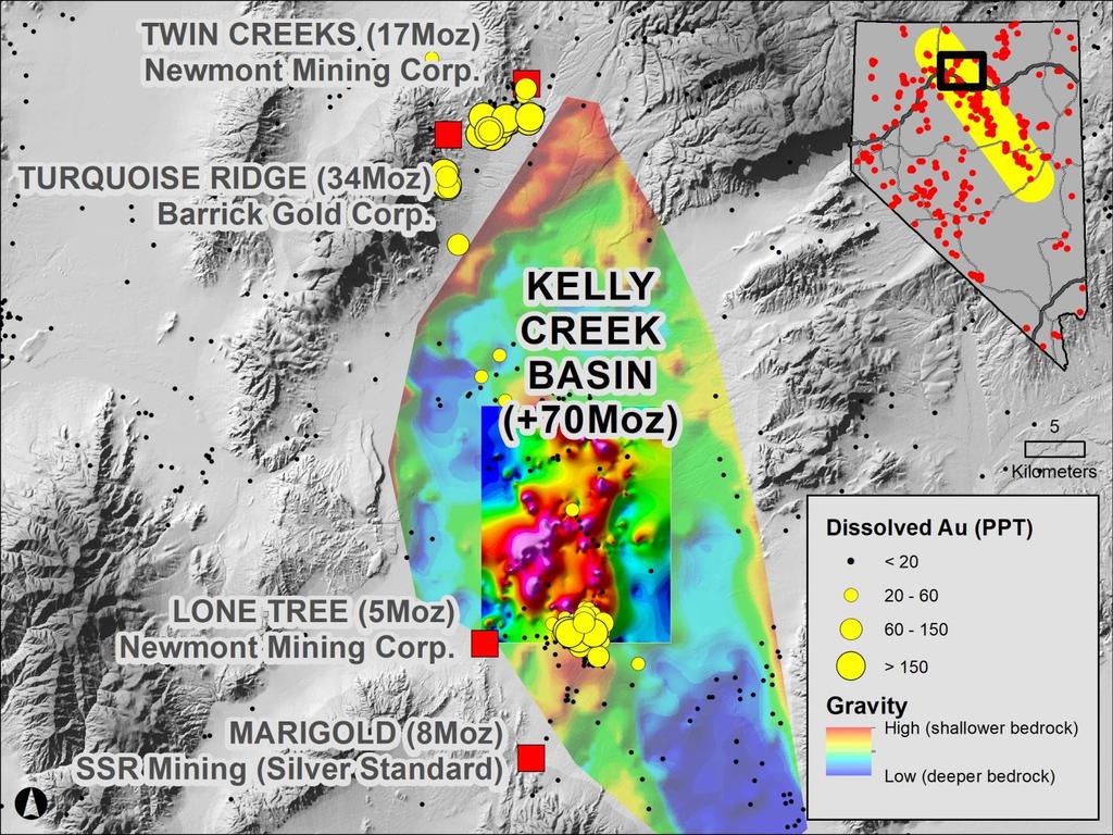 Location and Geologic Setting Kelly Creek Project Gold Deposits Kelly Creek Basin Represents a 1,000 km 2 underexplored covered search space along the Cortez Trend, with >70 Moz Au discovered in and