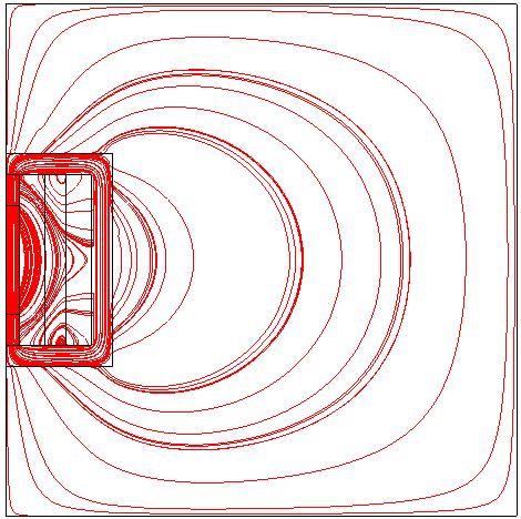 Steel flux return path Coil Magnetic Rod Air Domain Figure 2.8. 2D axisymmetric view of magnetic field streamlines showing negligible flux leakage for rod and coil with steel flux return path 2.3.