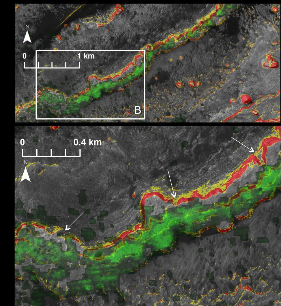 Figure 5.7: Ridge accessibility HiRISE digital elevation map based slopes (red = 20 +, yellow = 15-20 ) and CRISM 860 nm band depth map (green) overlain on HiRISE basemap.