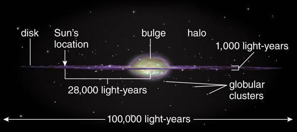 Disk Stars, gas, and dust Young & old stars Motion is circular Bulge Stars are dense Motion is elliptical in all directions Halo Stars are sparse; dark matter No young stars Spherical in shape Motion