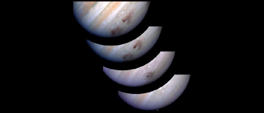 FIGURE 7.14 Jupiter with Huge Dust Clouds. The Hubble Space Telescope took this sequence of images of Jupiter in summer 1994, when fragments of Comet Shoemaker Levy 9 collided with the giant planet.