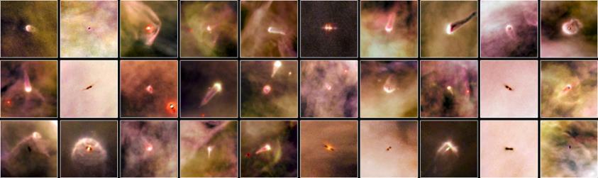 FIGURE 7.18 Atlas of Planetary Nurseries. These Hubble Space Telescope photos show sections of the Orion Nebula, a relatively close-by region where stars are currently forming.