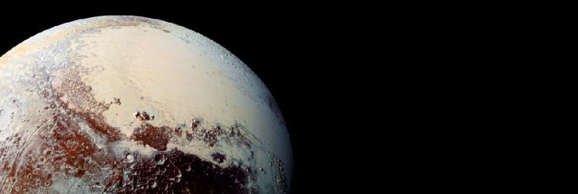 FIGURE 7.6 Pluto Close-up. This intriguing image from the New Horizons spacecraft, taken when it flew by the dwarf planet in July 2015, shows some of its complex surface features.