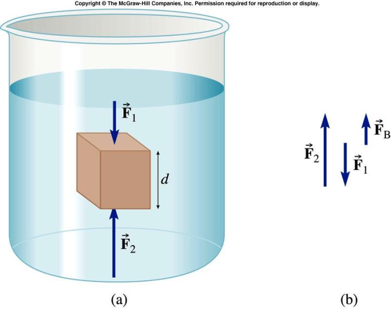 Archimedes Principle Determine force of fluid on immersed cube Draw FBD» F B = F 2 F 1» = P 2 A P 1 A» = (P 2 P 1 )A» = r