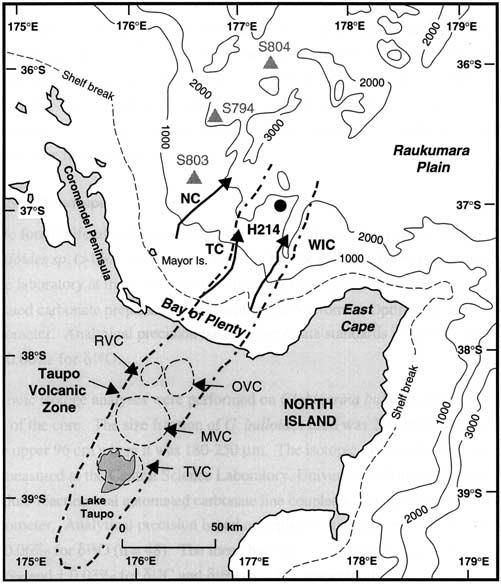 Figure 1. Bathymetric map of the Bay of Plenty showing the location of core H214 (solid circle) and other cores mentioned in the text (grey triangles). Isobaths are in meters.