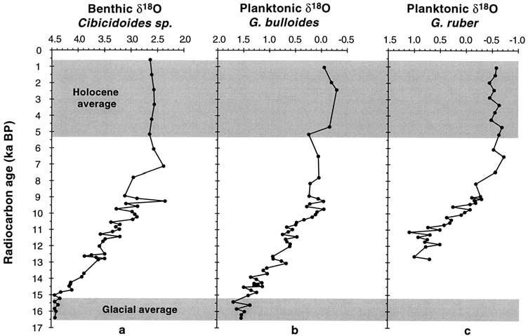 Figure 4. Oxygen isotopes from core H214 versus age. (a) Benthic oxygen isotopes. Analyses were run on mixed species of the genus Cibicidoides.