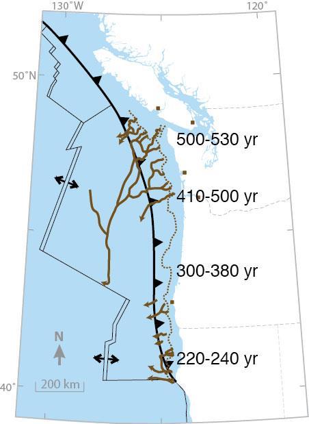 more frequent going southward. The onshore geologic record does not require this north-south difference.