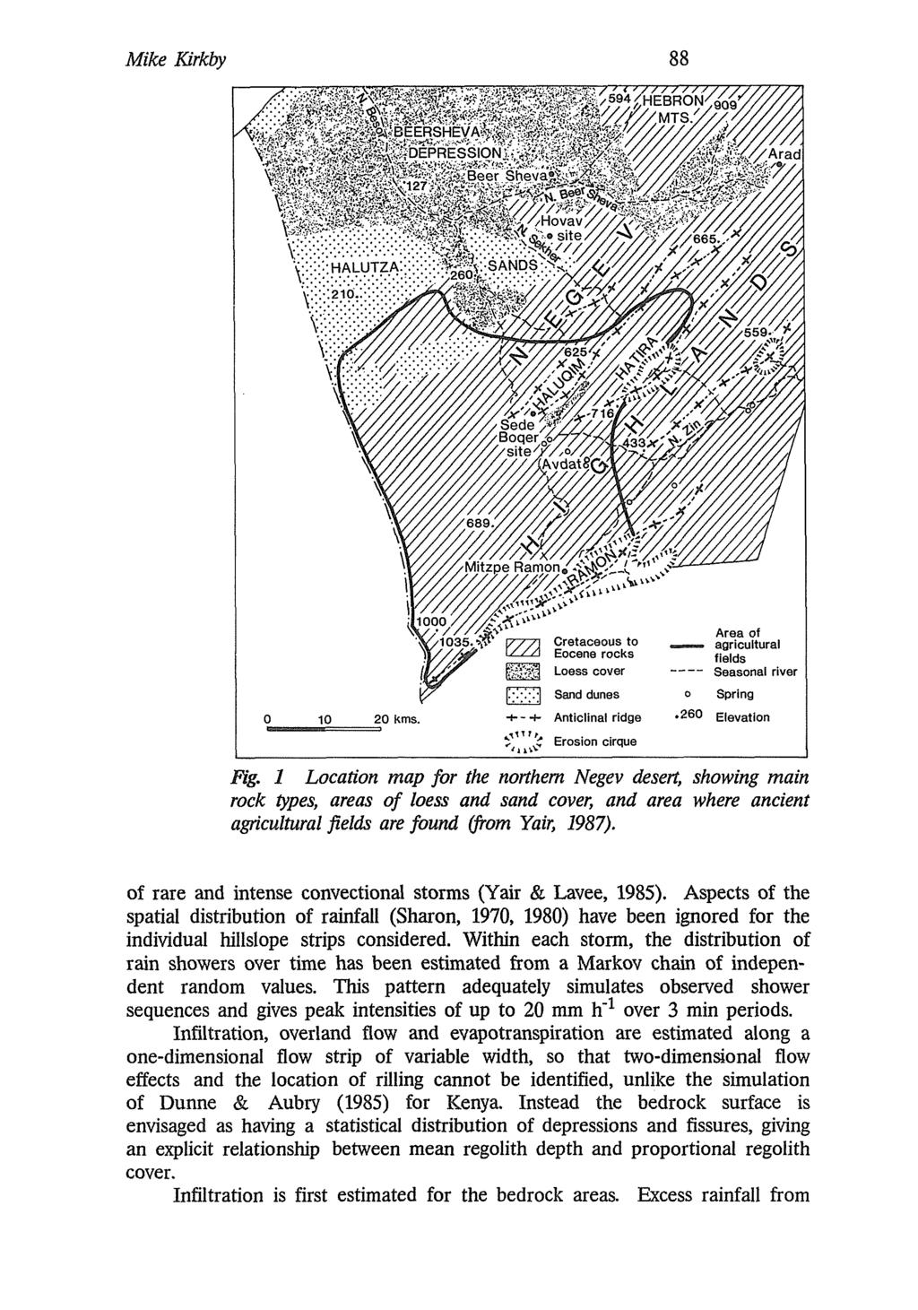 Mike Kirkby 88 Ng. 1 Location map for the northern Negev desert, showing main rock types, areas of loess and sand cover, and area where ancient agriculturalfieldsare found (from Yair, 1987).