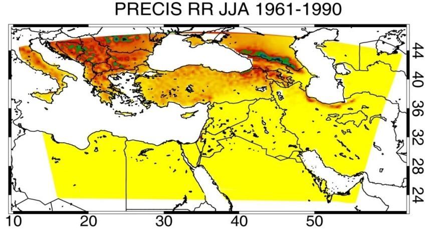 Higher elevations in Turkey are seen to receive large precipitation amounts, while smaller amounts falling further inland in the Balkan region and even less in the southern parts