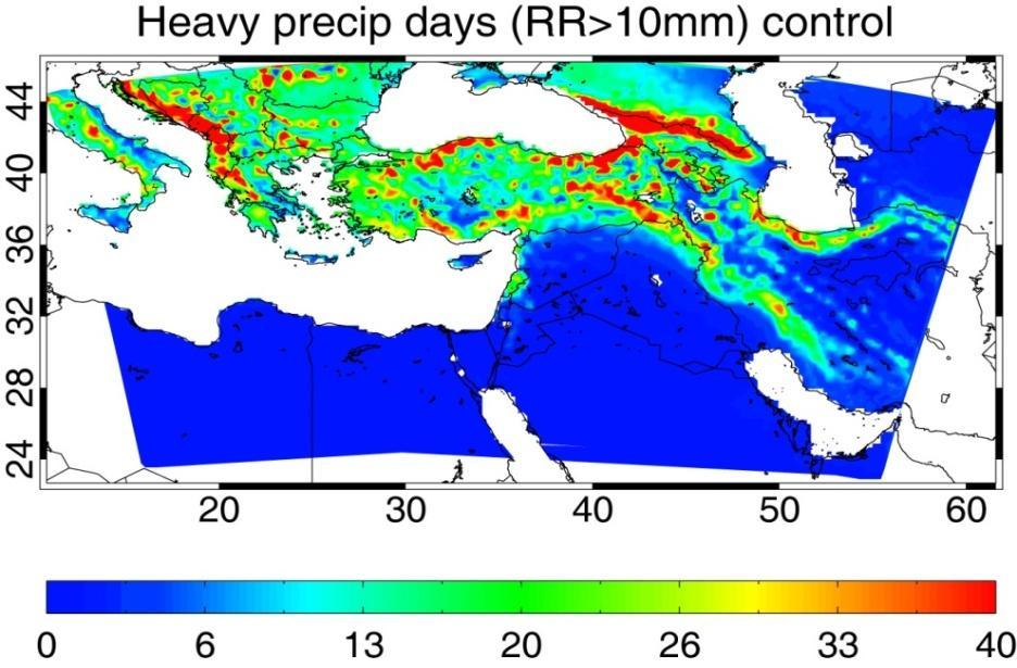 Climate of the recent past RR indices Heavy precipitation: Along the western edge of the Balkan Peninsula and other high-elevation areas, e.g. in the Caucasus, heavy precipitation occurs about 40 days per year.