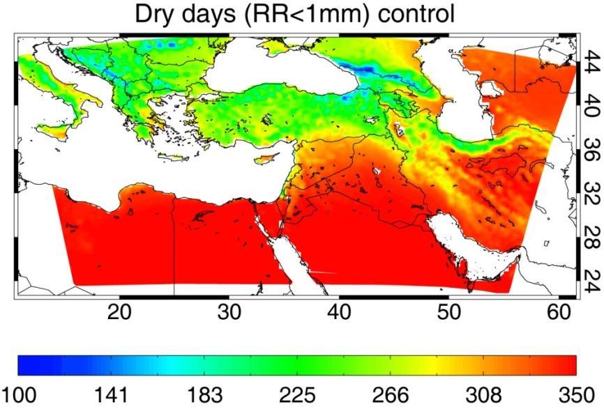 The driest areas are located in the southern EMME, with up to 300 dry days per year in several countries of the Middle East, e.g.