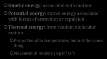 interaction with surroundings Kinetic energy: associated with motion Potential energy: stored
