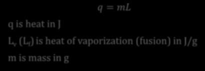 Different value for fusion (melting) and vaporization Latent Heat Example 1: Latent Heat Example 2: Latent Heat q = ml q is heat in J L v (L f