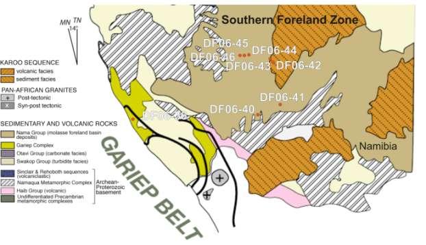 C Figure 3-1. Geologic maps of the Damara Orogen with the location of collection for all analyzed samples marked.